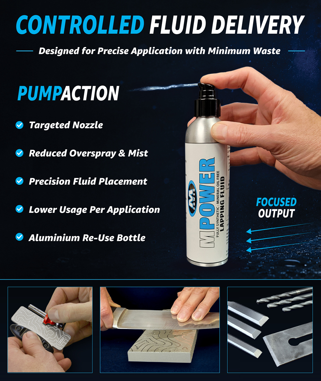 MPOWER diamond lapping fluid pump bottle for controlled sharpening application